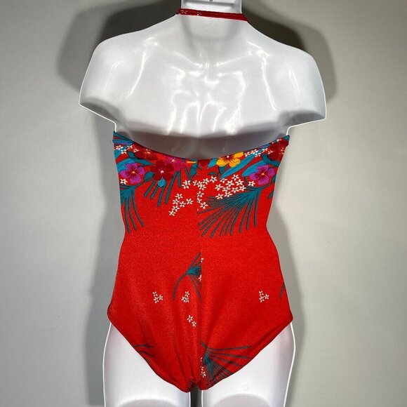 Sirena Vintage SZ 14 Red Tropical Print Tummy Control Swimsuit 80's Beach Swim - Picture 4 of 9